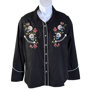 Benny's Western Shirt Women Large Black Sugar Skull Rose Embroidered Snap Front